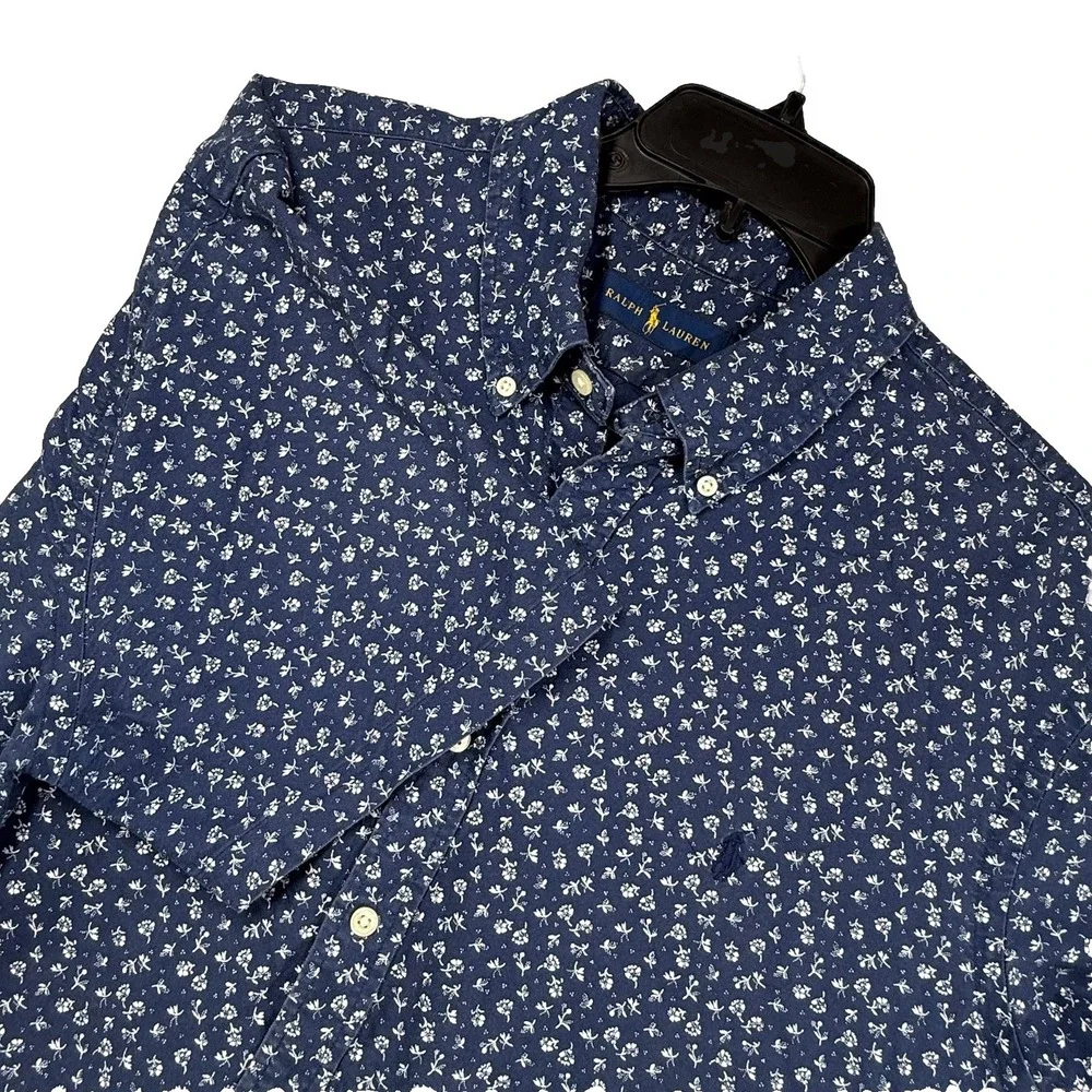 Ralph Lauren Mens XL Shirt Blue Calico Flower Print‎ Short Sleeve Button Down